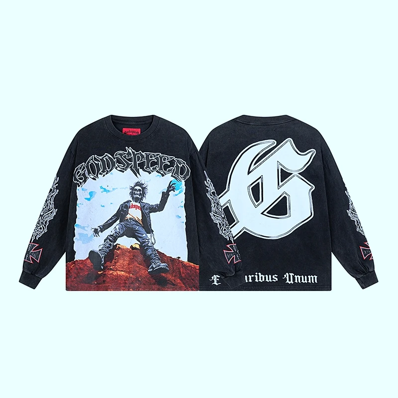 تي شيرت Godspeed Vintage Waed American High Street Long Sve مطبوع عليه جمجمة ex Youth Faion قطن مستدير Ne ort Sve #1