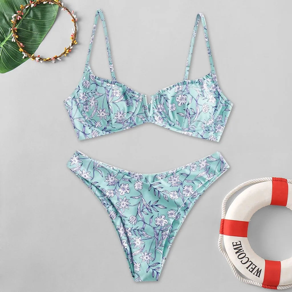 Plus Size Women Swimsuit Flower Printed High Cut V Neck Two Pieces Swimsuit Beachwear Swimwear Women Summer Beach Bikini Set