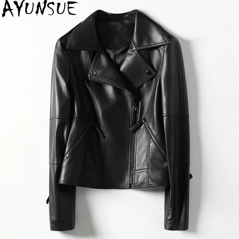 

AYUNSUE 100% Genuine Leather Jacket Women 2023 High Street Biker Leather Jackets Female Real Sheepskin Coat Jaqueta De Couro