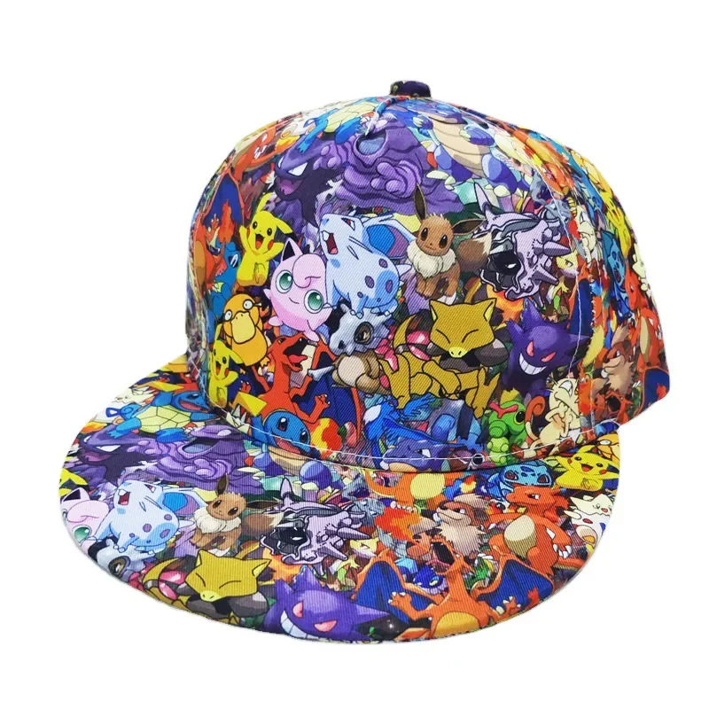 Pokemon All Over Print Cartoon Flat Brim Hat Cotton Polyester Baseball Cap Pikachu Gengar Eevee Adult Sun Protection Sunshade