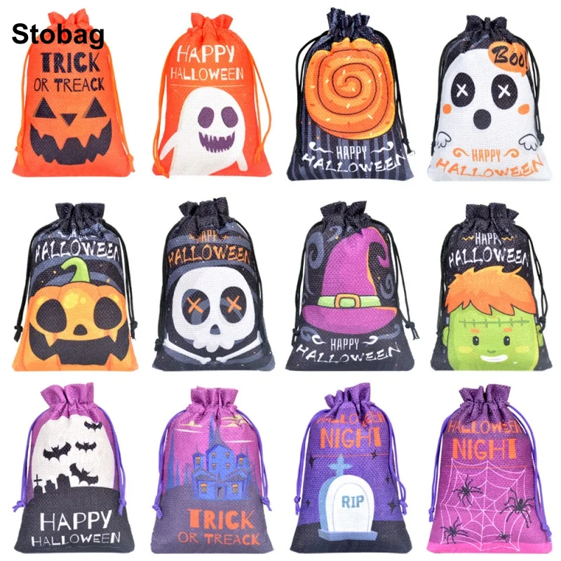 

StoBag 50pcs Wholesale Halloween Linen Bag Candy Gift Packaging Drawstring Small Storage Kids Child Pouches Trick or Treat Party