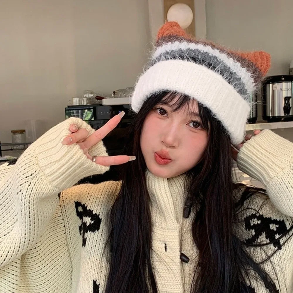 

Colored Cat Ears Pullover Hat Rainbow Japanese Style Woolen Knitted Hat Y2k Ear Protection Striped Bucket Hat Autumn Winter