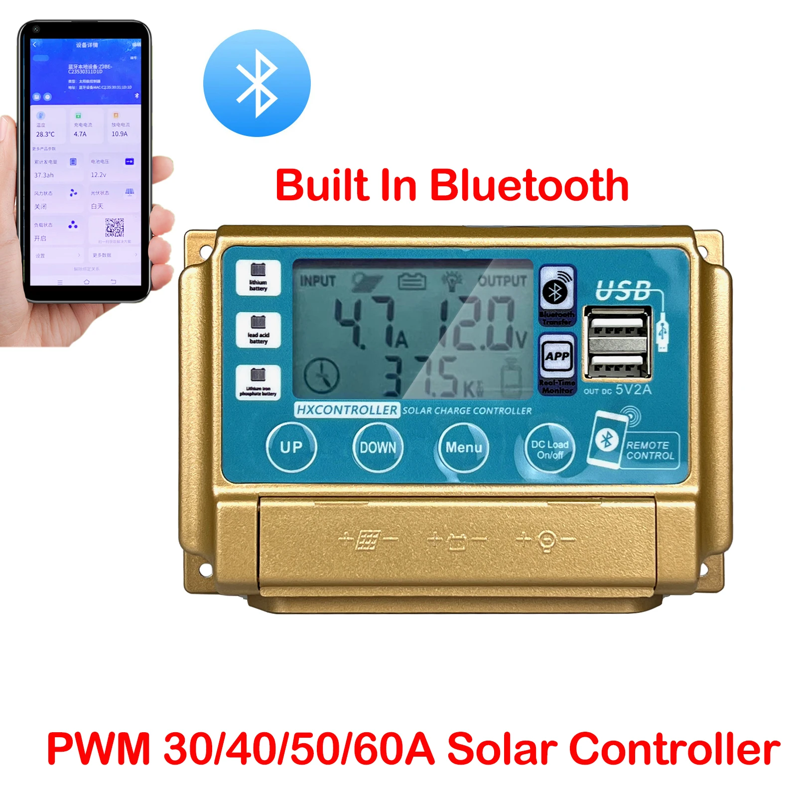 12V/24V 30A/40A/50A/60A Solar Panel System Controller LCD Digital Display Bluetooth PWM Solar Panel For Lifepo4 Lithium GEL