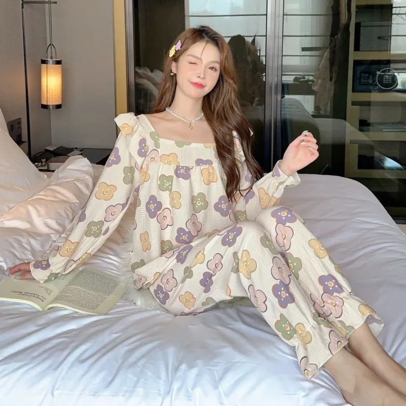 Pajamas Women 2024 Spring Autumn Student Casual Sweet Little Flower Printed Homewear Suit Loose Square Collar Sleepwear Set