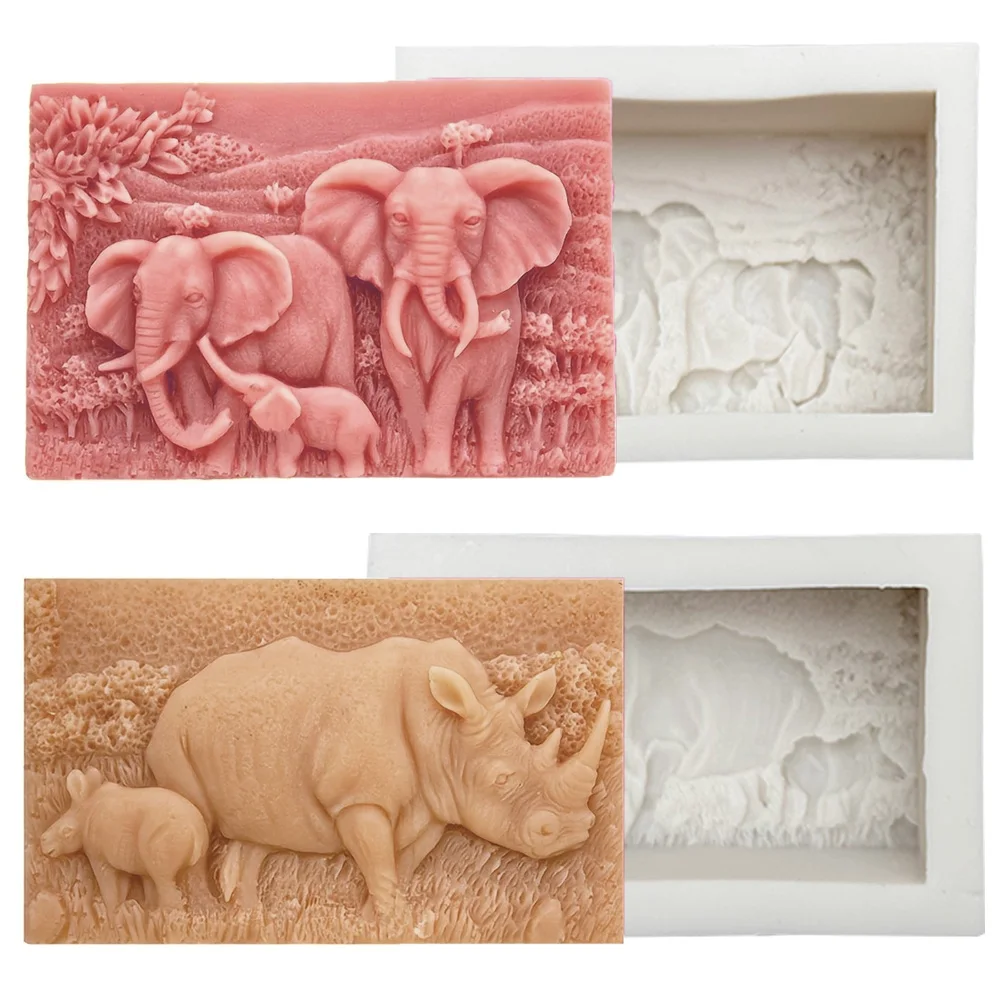 Elefantenfamilie Seife Silikonformen DIY Quadrat Afrikanische Elefanten Rhinos Duftkerze Seifenherstellung Form Handgemachtes Geschenk Dekoration