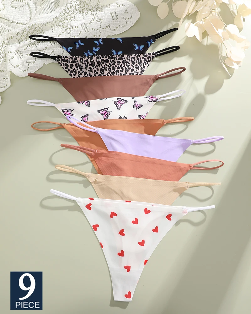 FINETOO 9PCS Seamless Underpants Women Ice Silk Thongs Sexy Low Waist Bikini T-back Female Traceless G-String Panties XS-XL