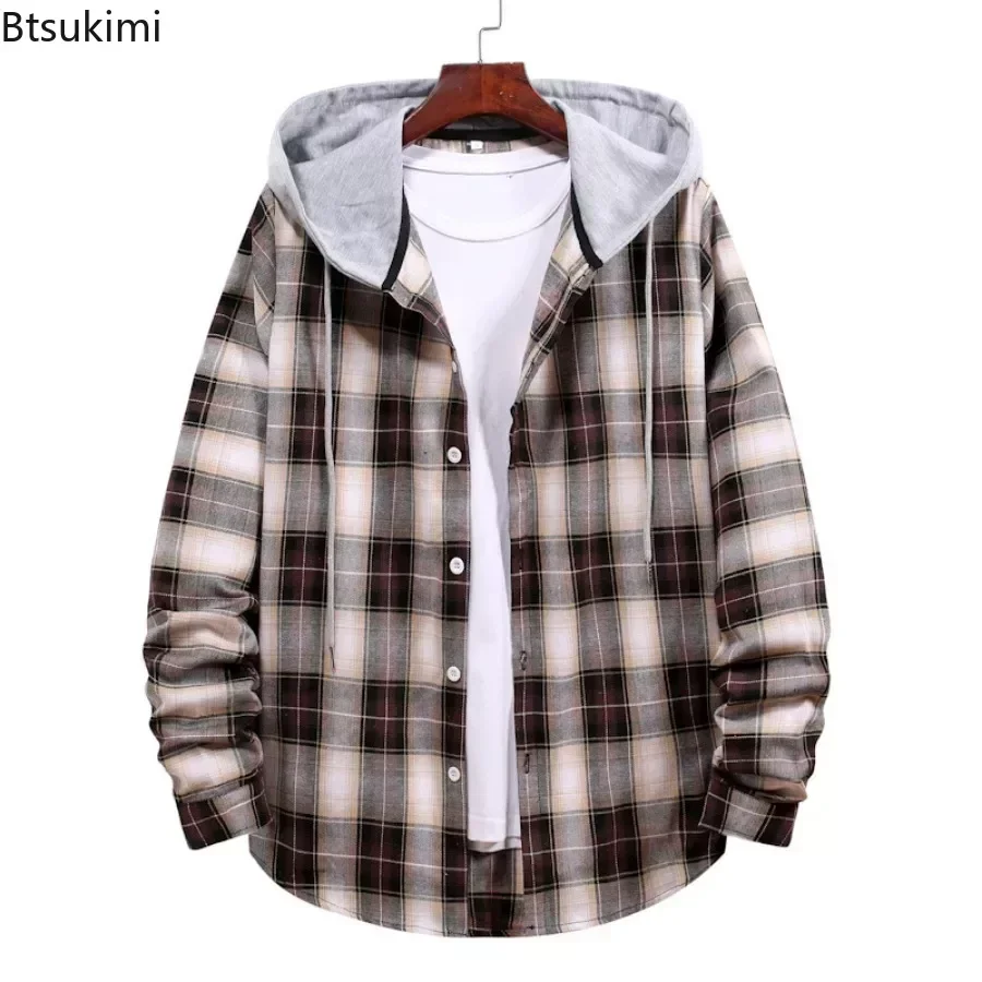 Fashion Men's Plaid Shirts 2026 New Man Hooded Jacket Shirts Casual Daily Streetwear Loose Long Sleeve Hooded Coats for Men Tops