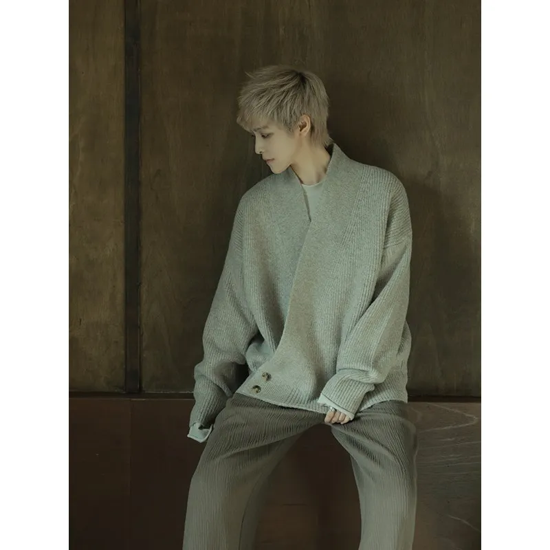 Retro Mixed Color Knitted Loose Sweater Button Detail Asymmetrical Open Front Knitwear Casual ex Winter Outerwear