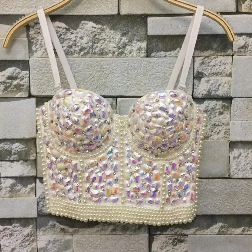 

Gorgerous Rhinestone Bead Pearls Bustier Push Up Wedding Bralette Women's Bra Cropped Top Vest fashion Bra L757 drop shipping