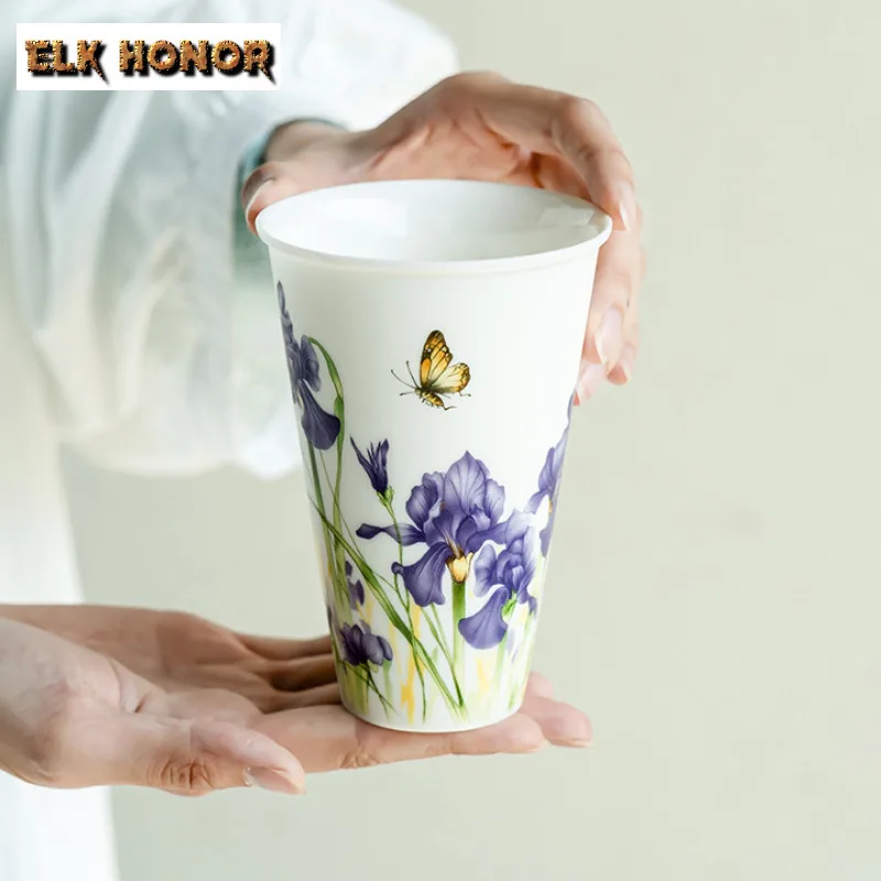 350ml Sheep Fat Jade Iris Flower Large Cola Mug Bubble Teacup Cold Hot Water Jug Household Office Water Cup Drinkware Decoration
