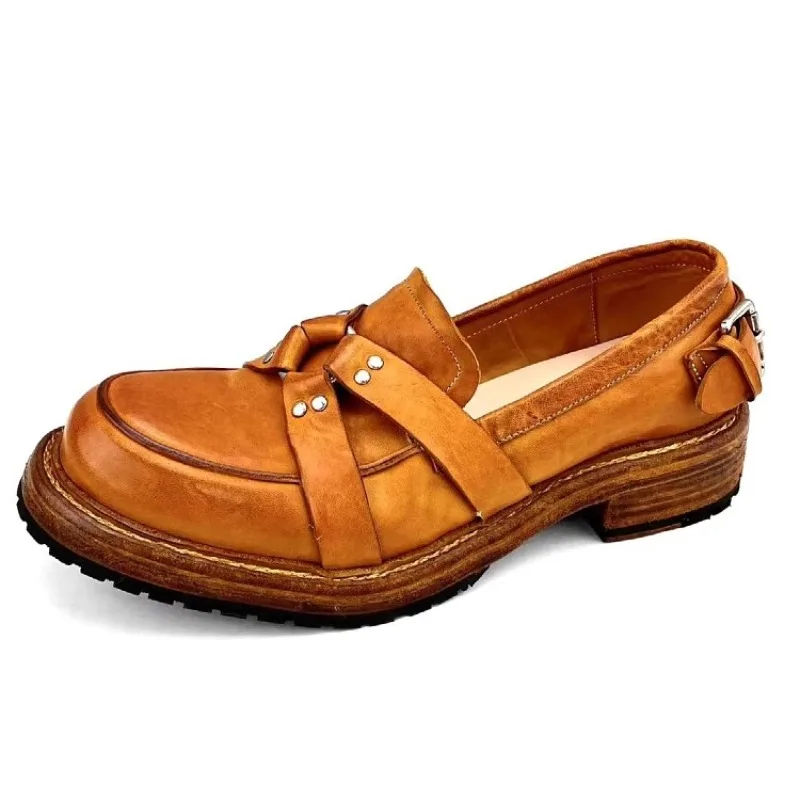

British Style Genuine Leather Loafers Men Casual Slip on Brown Washed Thick Sole Work Dress Leather Shoes Male Youth Fashion