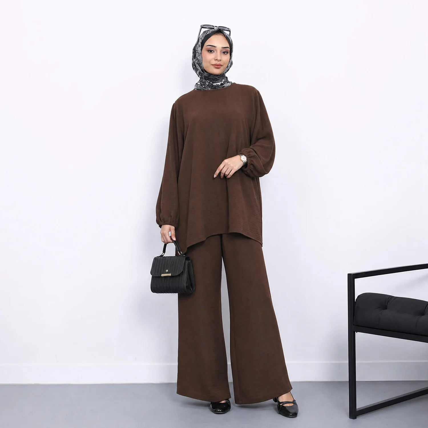 Eid Women Blouse Wide Leg Pants 2 Piece Set Muslim Top Trousers Ensemble Sashes Morocco Casual Ramadan Outfits Dubai Suit