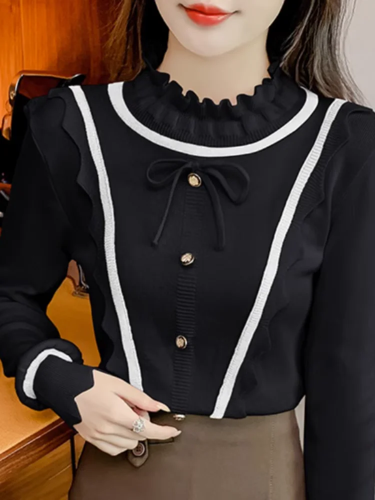 Elegant Knitted Spliced Lace Up Bow Ruffles Blouses Women's Clothing 2023 Autumn Winter Loose All-match Tops Office Lady Shirts