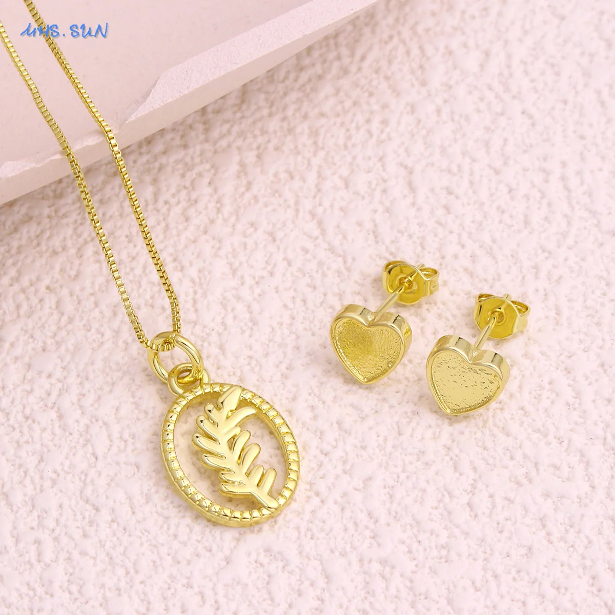 MHS.SUN New Heart Stud Earring Hollow Oval Leaf Necklace Jewelry Set For Women Fashion Gold Color Jewelry Party Anniversary Gift