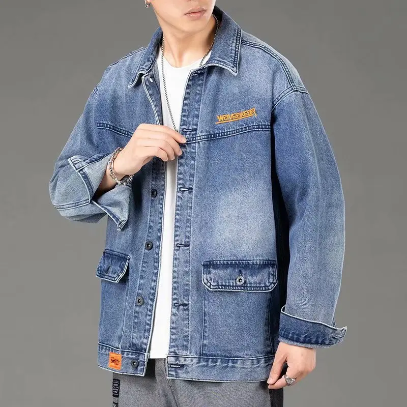 

Spring Autumn Denim Vintage Streetwear Men's Jacket Loose Plus Size Casual Embroidered Cargo Jackets for Men Top Clothes M-4XL