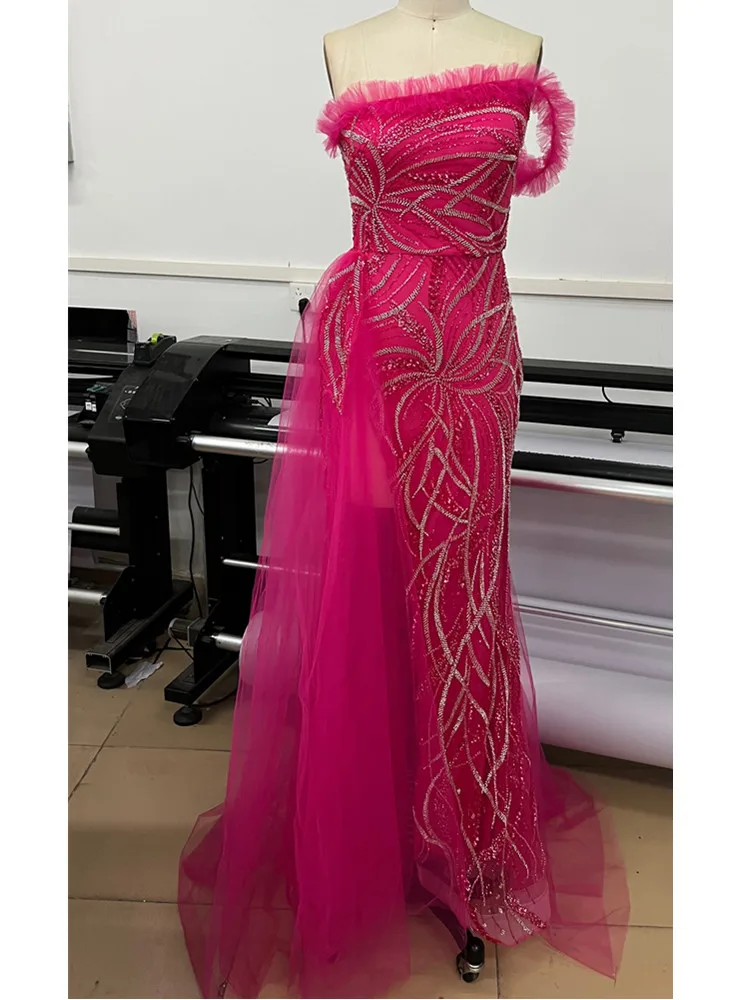 Women Luxury Sexy Off Shoulder Beading Sequins Mesh Hot Pink Maxi Long Gowns Dress Elegant Celebrity Evening Party Club Dress