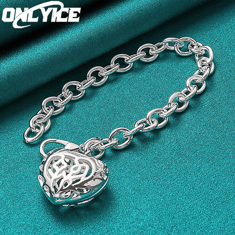 2pcs Fine 925 Sterling Silver Wedding Valentine's Day Gift Noble Hollow Heart Necklace Bracelets Fashion Party Jewelry Set