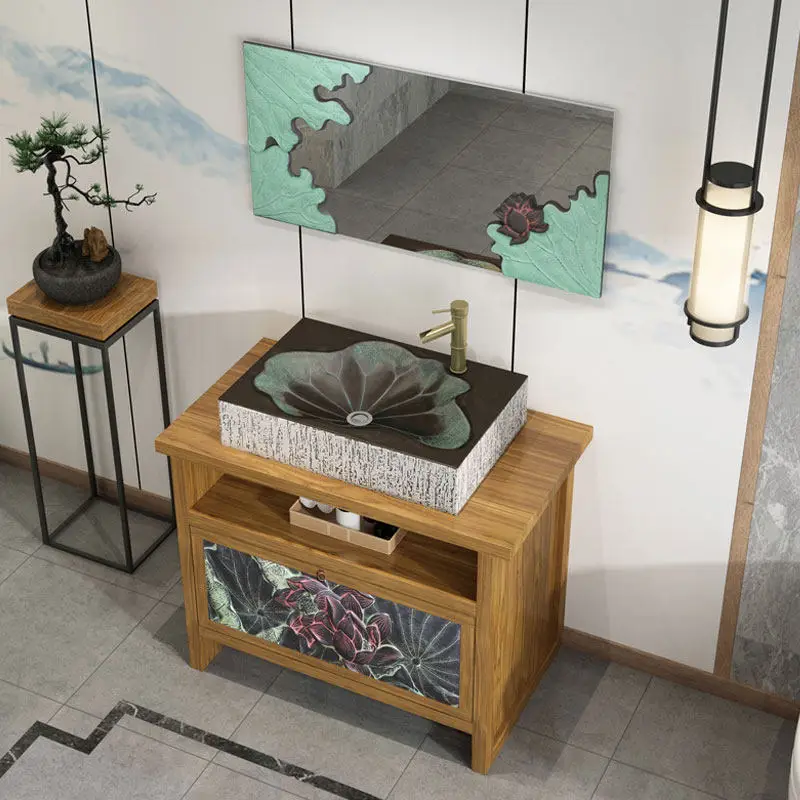 

Комплект мебели для ванной комнаты в китайском стиле: напольный шкаф, тумба под раковину из венге, тумба для умывальника.