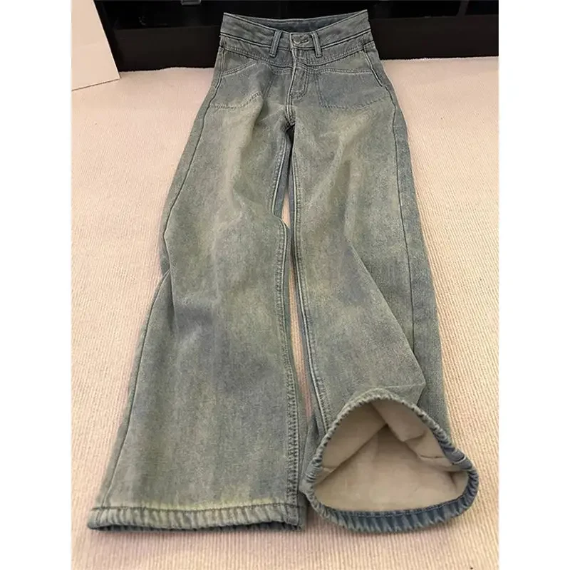 

Прямые джинсовые брюки больших размеров в американском стиле ретро на флисовой подкладке, женские свободные широкие брюки с высокой талией длиной до пола