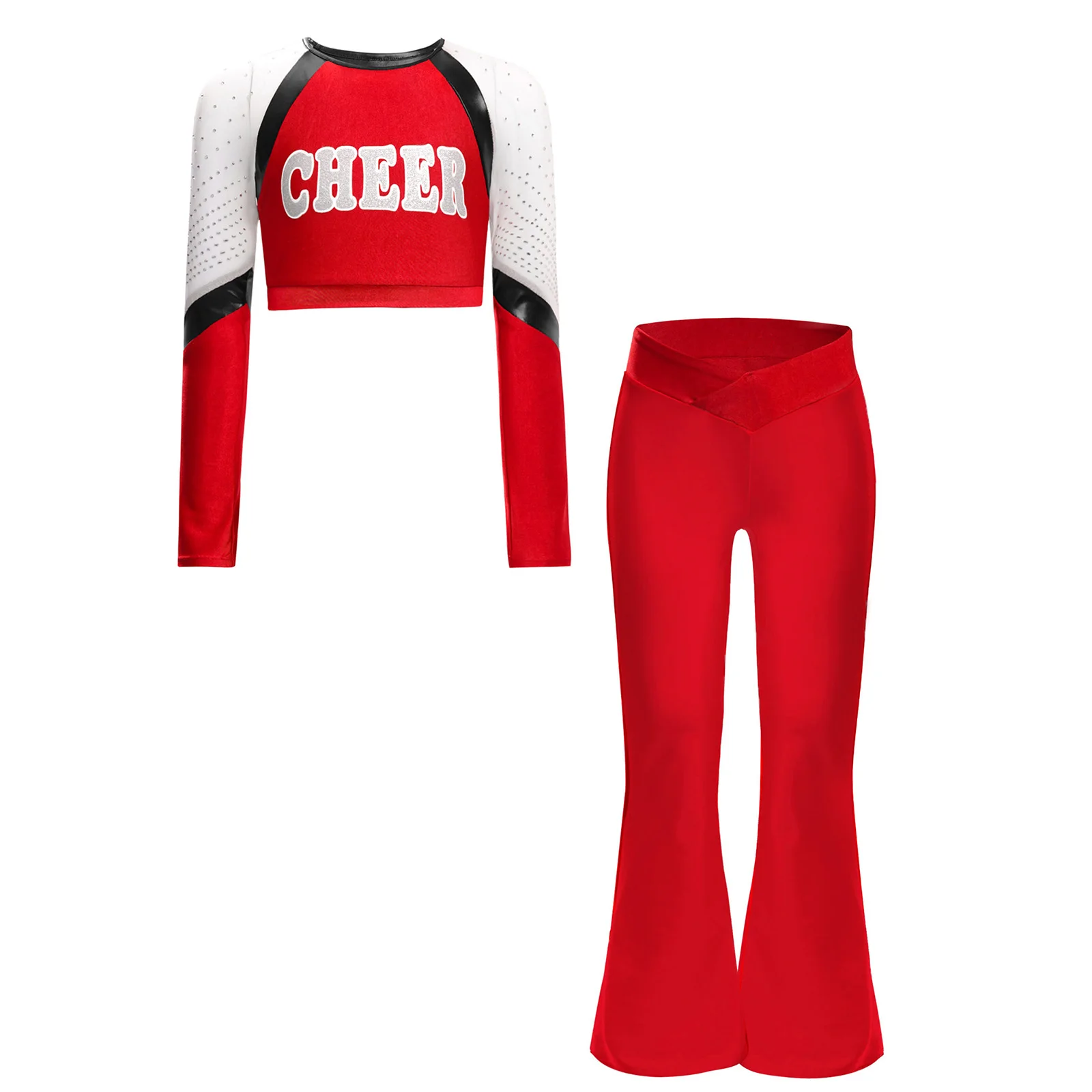 طفل الفتيات التشجيع موحدة المشجع أداء الرقص زي الراين طويلة الأكمام إلكتروني طباعة المحاصيل الأعلى متوهج السراويل