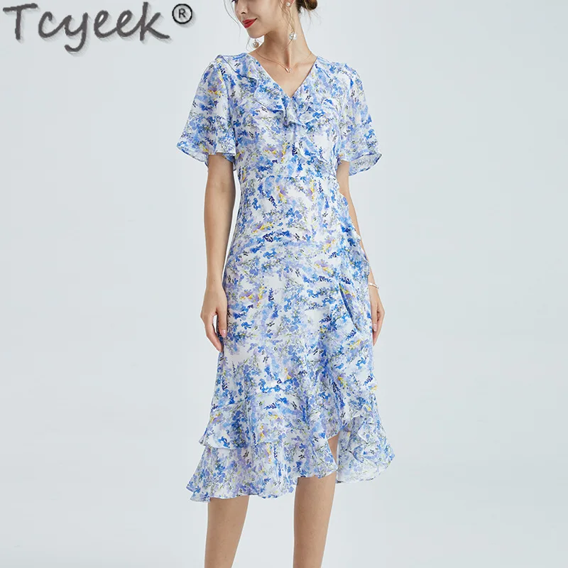 

Tcyeek 100% Mulberry Silk Dress Womens Dresses Irregular Dress Elegant Dresses for Women Slim Fit Fashion Summer Clothes 24 원피스