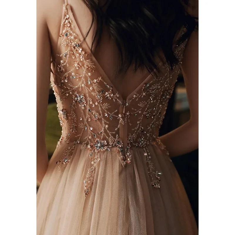 Luxury Champagne Prom Dress For Women 2025 Annual Party Birthday Party Immortal Long Temperament Banquet Evening Dress