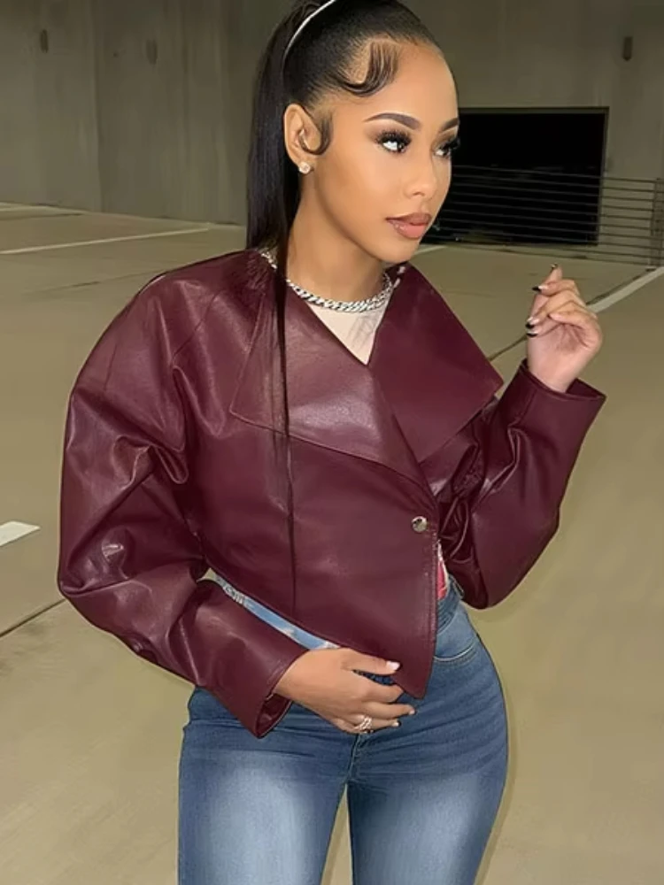 Nibber Classic Hipster Crop Jacket Women Irregular Single Buckle Button Faux Leather Autumn Wild Sexy Basic Cross Neck Coat