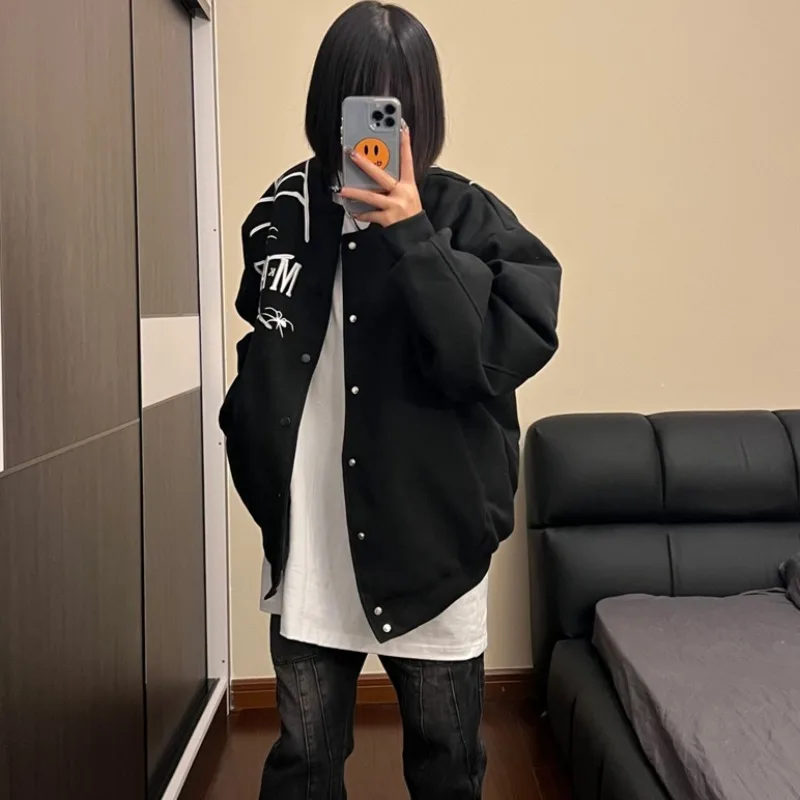 Jaquetas femininas outono inverno mais veludo espessamento bordado streetwear baggy aconchegante all-match americano retro unisex casal chique