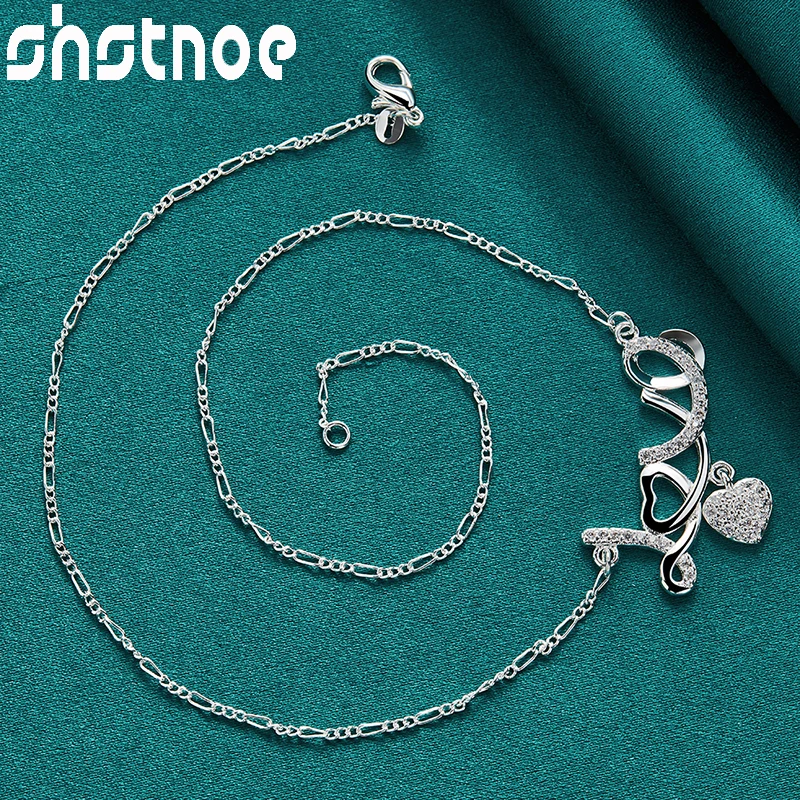 SHSTONE 925 Sterling Silver Heart Love Word Symbol Chain Pendant Necklace For Women Wedding Engagement Charm Fashion Jewelry