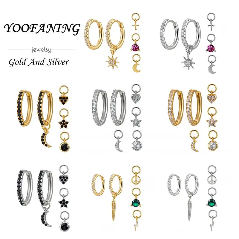 

925 Sterling Silver Ear Needle Unique Multi-color Hoop Earrings Colorful Zircon Multiple Pendants DIY Earrings for Women Jewelry