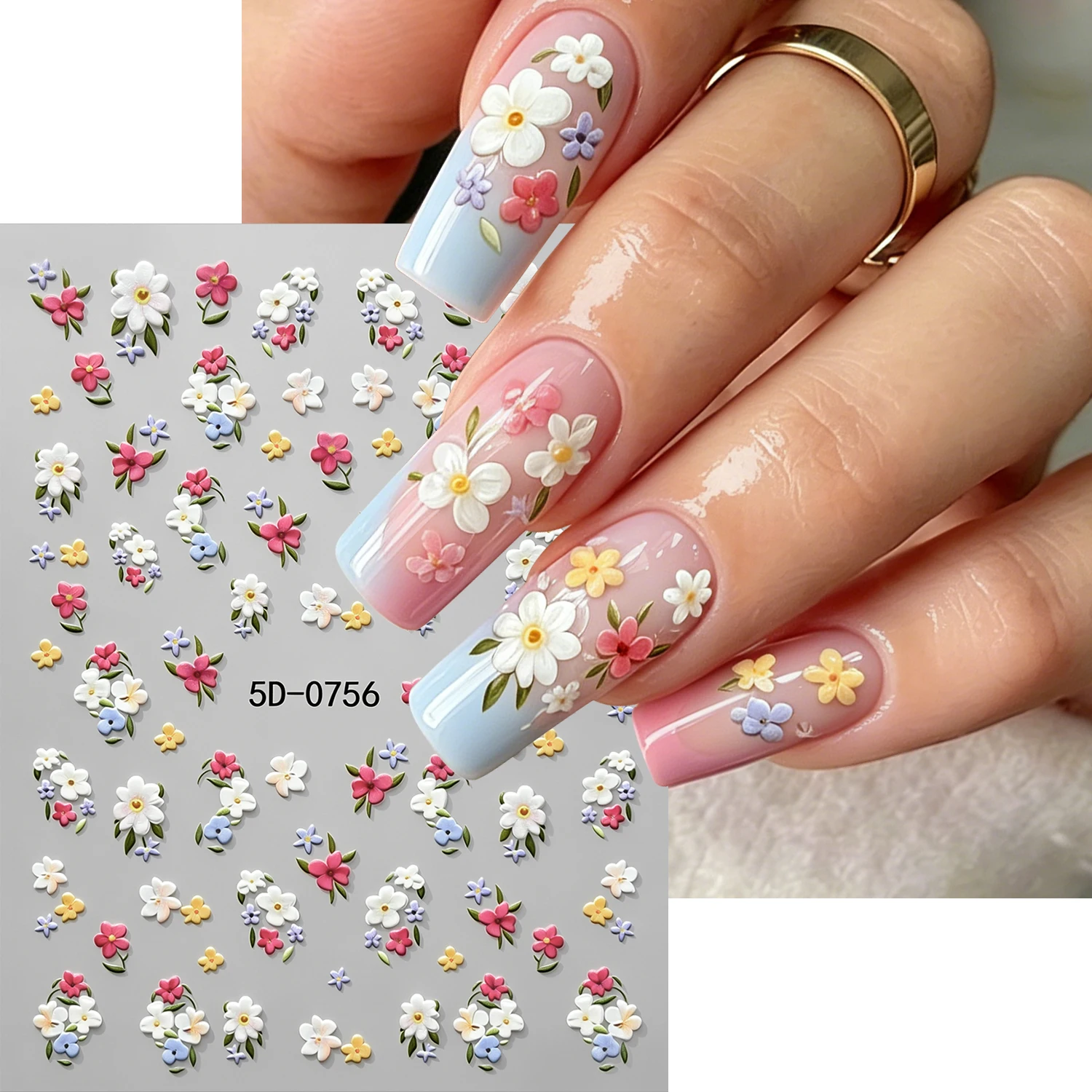 1pc 5D Embossed White Pink Floral Nail Stickers Colorful Flower Green Leaves Adhesive Nail Decal For Spring Manicure Nail Slider