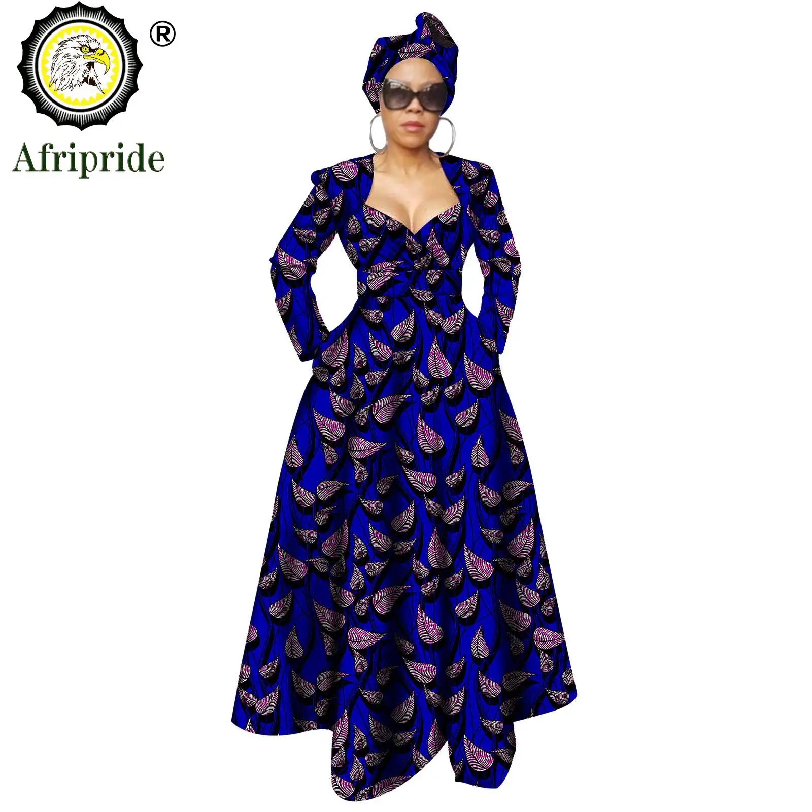 African Dresses for Women Ankara Print Dress + Headwarp V Neck Long Maxi Party Dress Dashiki Outfits Wax AFRIPRIDE S1925106