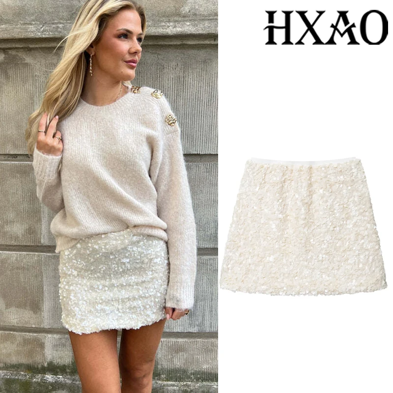 

HXAO Юбки для женщин Мини-юбка с блестками и пайетками Лето Y2K Бежевые женские юбки Сексуальная узкая короткая юбка Вечерняя юбка трапециевидной формы