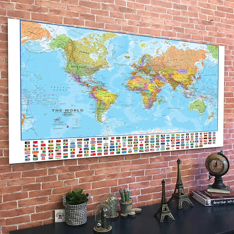 Póster de arte de pared con bandera de país, mapa del mundo inglés, decoración colgante para oficina, hogar, suministros de viaje escolar, 150x100cm