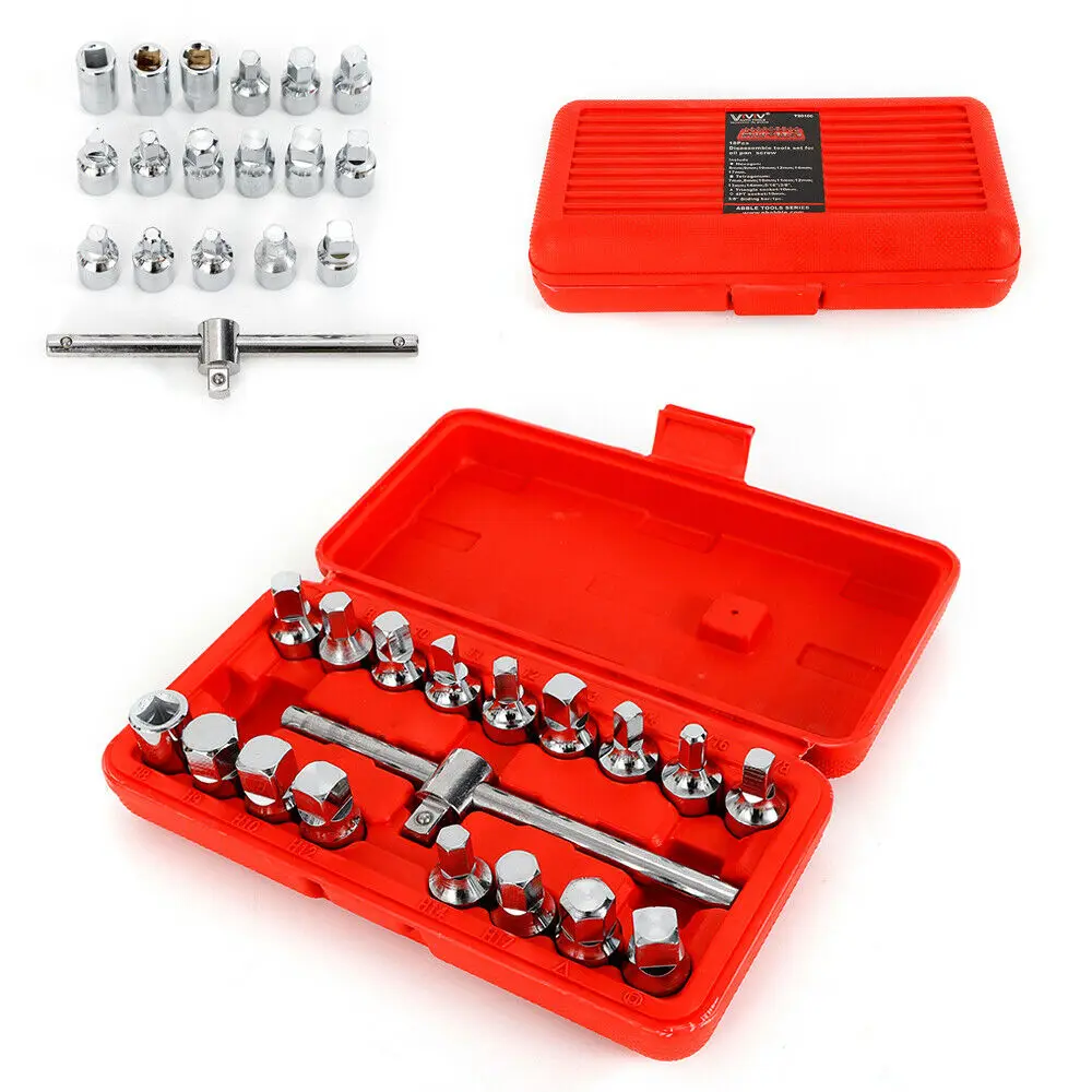 18pcs Oil Drain Pipe Plug Hard&Tough Square Socket Key Removing Tool Kit w/ Box