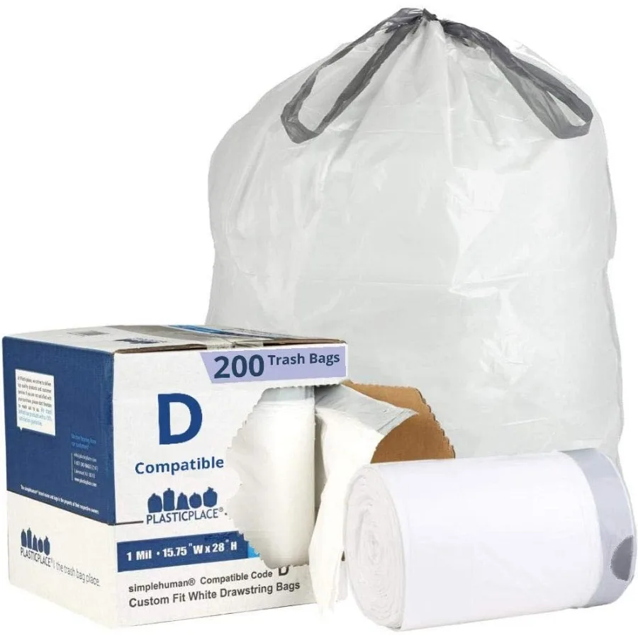 

White Drawstring Garbage Liners Compatible with Simplehuman Code D Trash Can 200 Count 5.3 Gallon 20 Liter 15.75 x 28 Ideal for