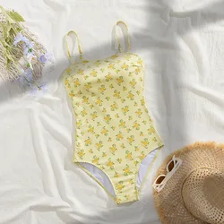 sexy yellow flower print swimsuit one piece back cross bodysuits bathing suit swimwear women beach outfits biquini tankini