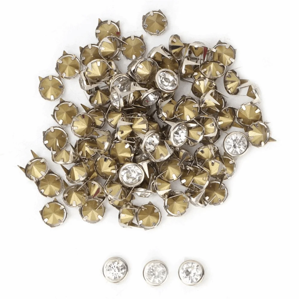 100pcs 10mm Size Crystal Rhinestone Rivets 4-Claw Design Crystal Inlay Decorative Metal Studs DIY Leather Craft Studs