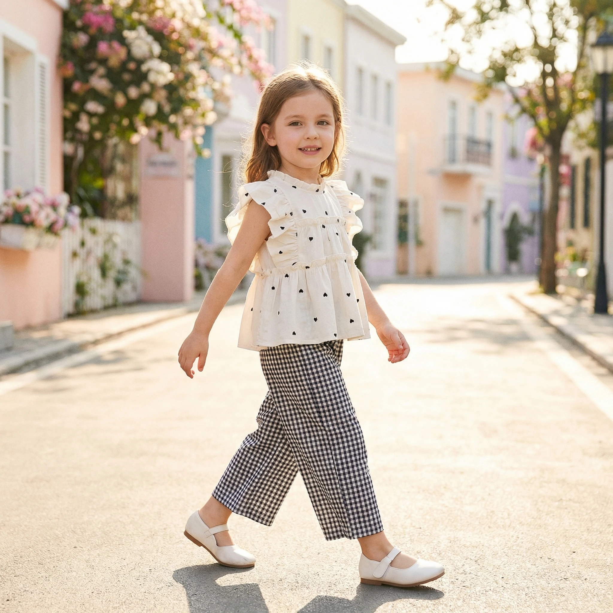 1-6Y Summer Cotton Children Set Girls Black Heart Ruffle Sleeve Tee+Plaid Pants 2Pcs Clothes Loose Thin Kids Suit