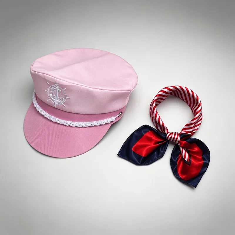 2pcs Women'S Pink And Navy Velvet Hat Scarf Set Vintage Yacht Party Costume Additions for Vacation, Masquerade And Photo Props