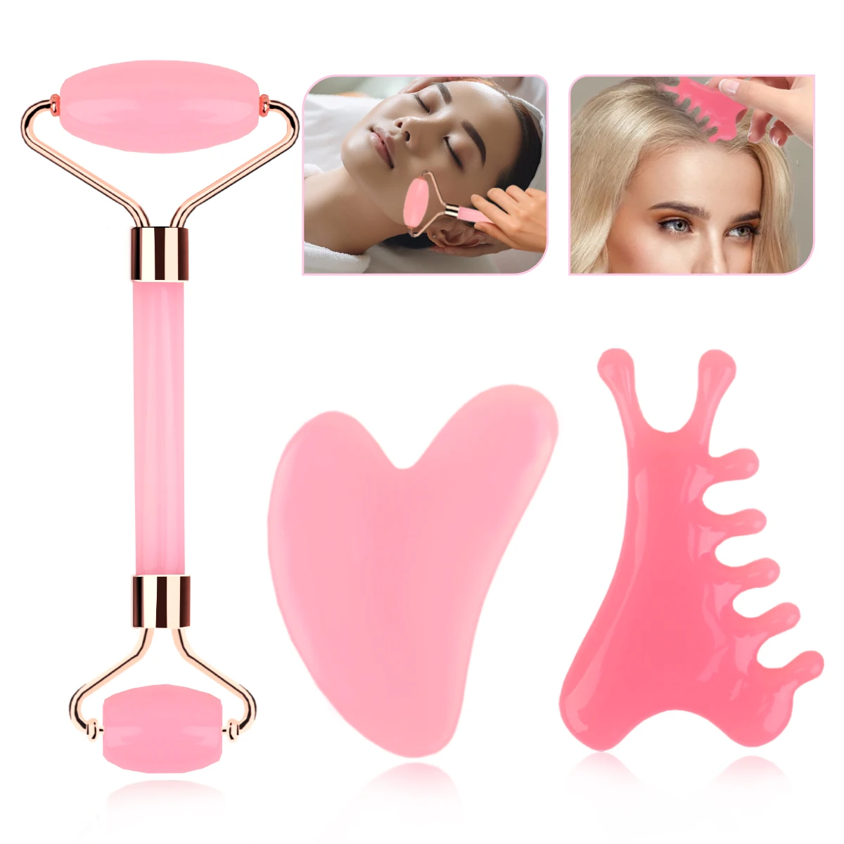 3-Piece Set of Facial Massage Tools, Double-Headed Facial Massage Roller, Heart-Shaped Scraping Board and Massage Comb.