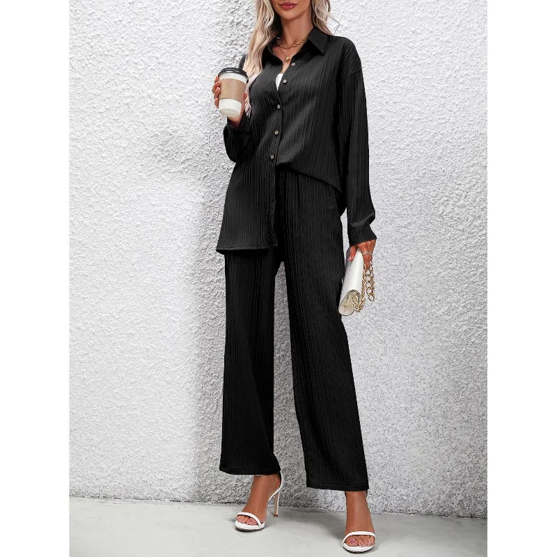 Autumn and Winter Women\'s Cardigan Polo Neck Bubble Sleeve Solid Button Striped Elastic Slim Fashion Casual T-shirt Pant Sets