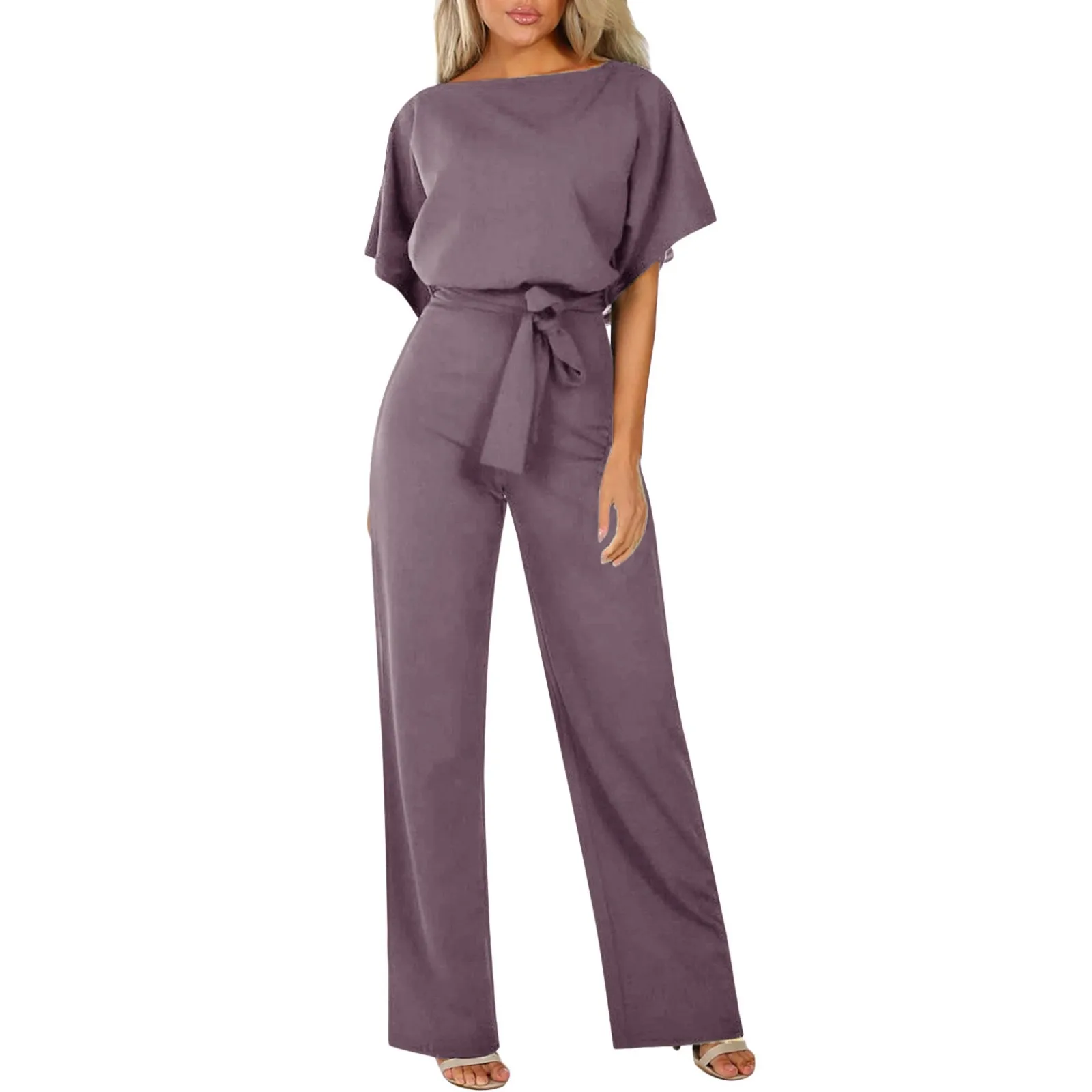 Mode Effen Kleur Veter Jumpsuit Korte Mouwen Ronde Hals Hoge Taille Jumpsuits Elegante Effen Rechte Pijpen Romper Vrouwen