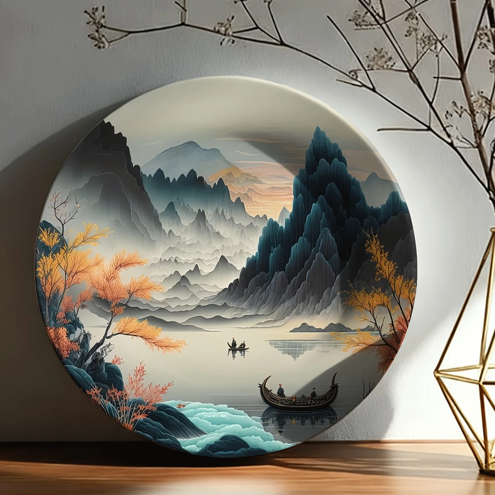Single Decorative Plate with Lake and Mountain Scenery, Non-Food Contact Ceramic Wall Art, Suitable for Home, Living Room,