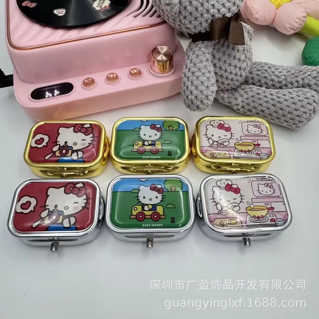 Kawaii Hello Kittys Portable Jewelry Box with HD Mirror Mini Sealed Subpackage Boxs Cute Cartoon Girl Heart Travel Storage Box