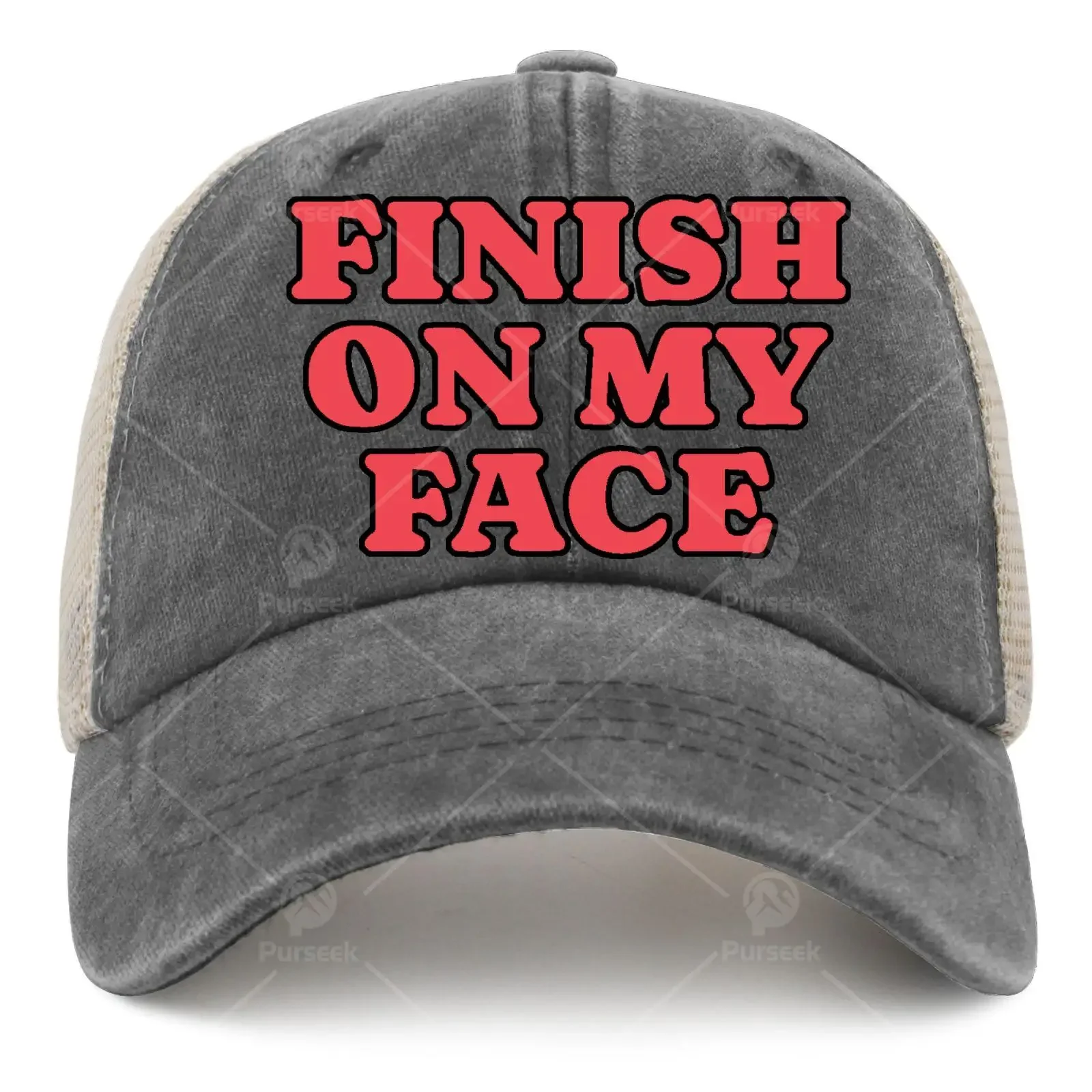 Custom Hat 1 Finishs On My Face Submissive Trucker Hat | Unisex, Fabric, Breathable, Graphic Print, Fitted, Buckle Closure, Hand