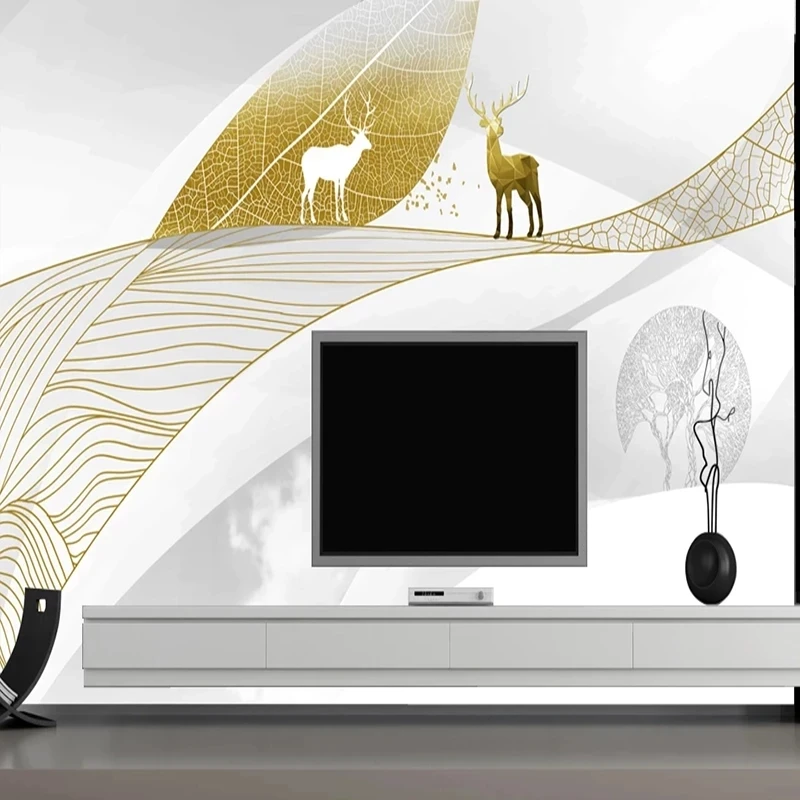 Customized Nordic Lines Abstract Luxury Golden Leaves Elk Mural Wallpaper Living room sofa TV background wall bedroom restaurant