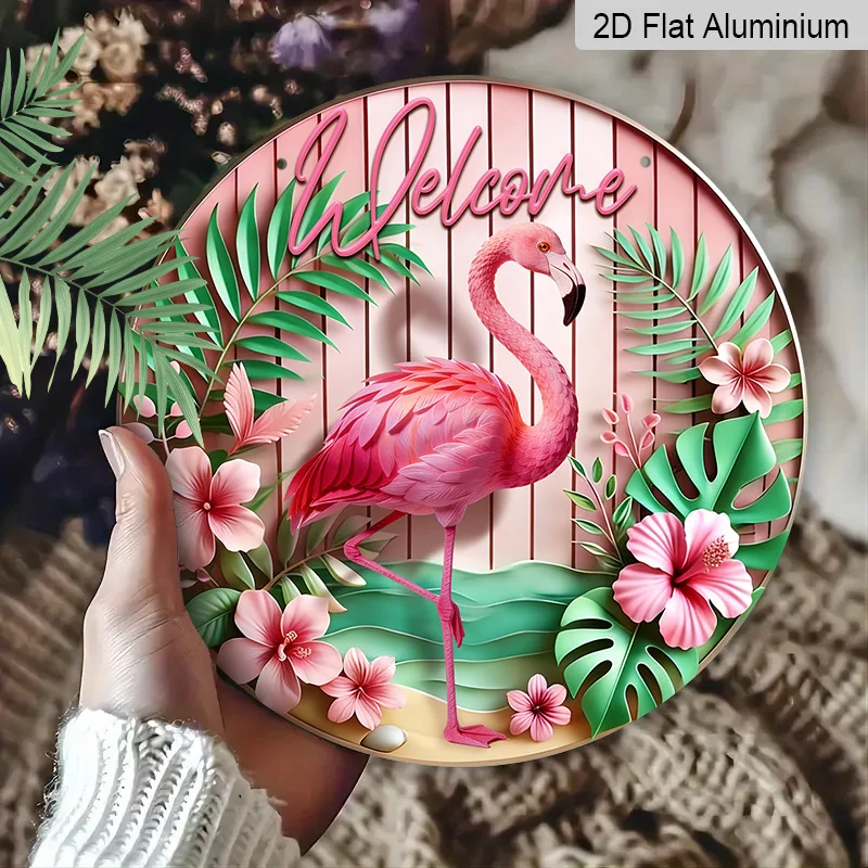 2D Flat, 2D Summer Seaside Atmosphere Pink Flamingo Welcome Plaque, Cute Wall Art Decorative Sign, Home Decor, Spring and Summer