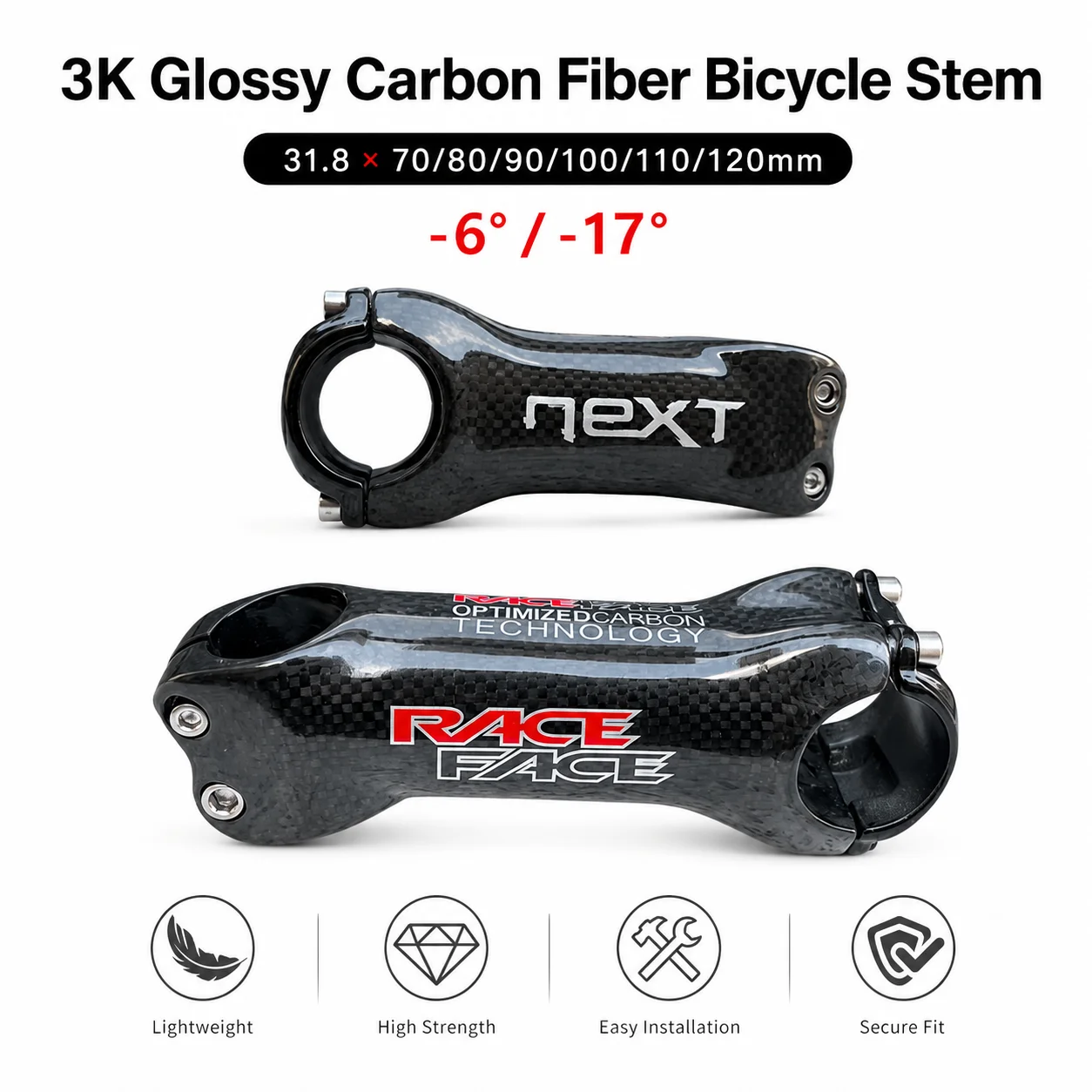 RACE FACE NEXT 3K Glossy Carbon Fiber Bike Stem 31.8mm Handlebar Clamp 28.6mm Fork -6°/-17° 70-120mm Road MTB