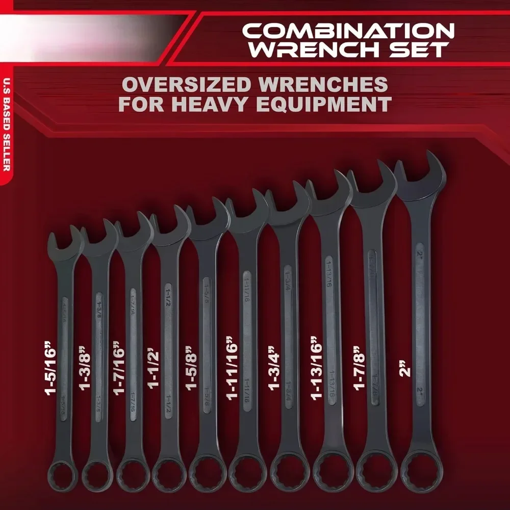 Large Combination Wrench Set SAE 1-5/16 to 2in - Standard 10 Piece Jumbo Open End Wrench Set